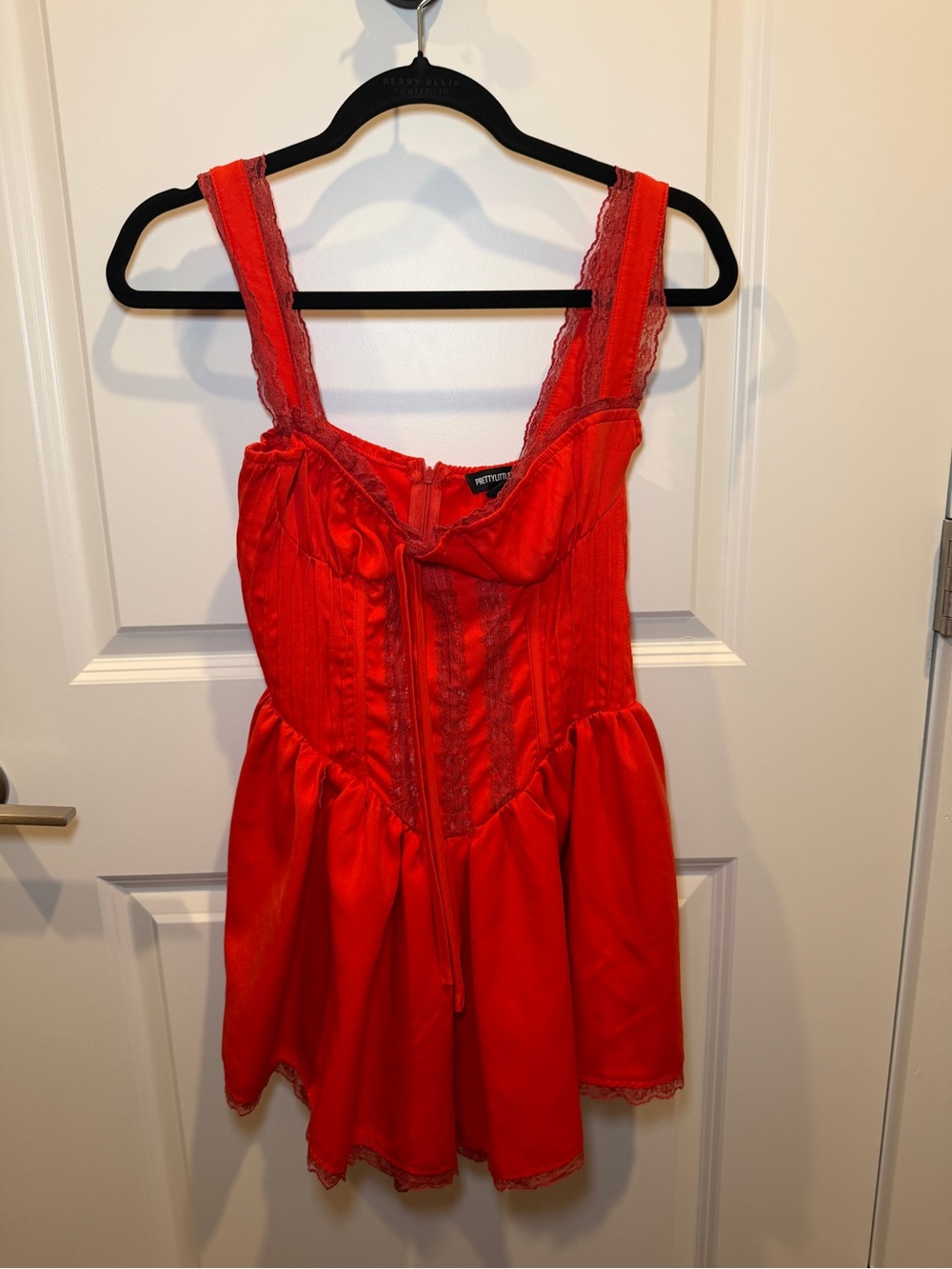 PrettyLittleThing Red Satin Lace-Trim Romper